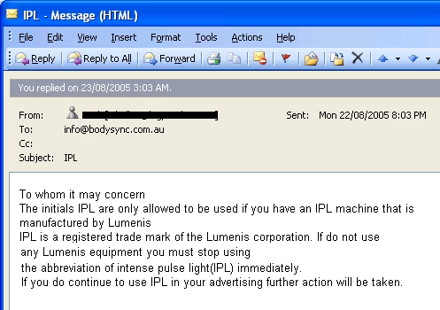Lumenis email threatening legal action over the term IPL